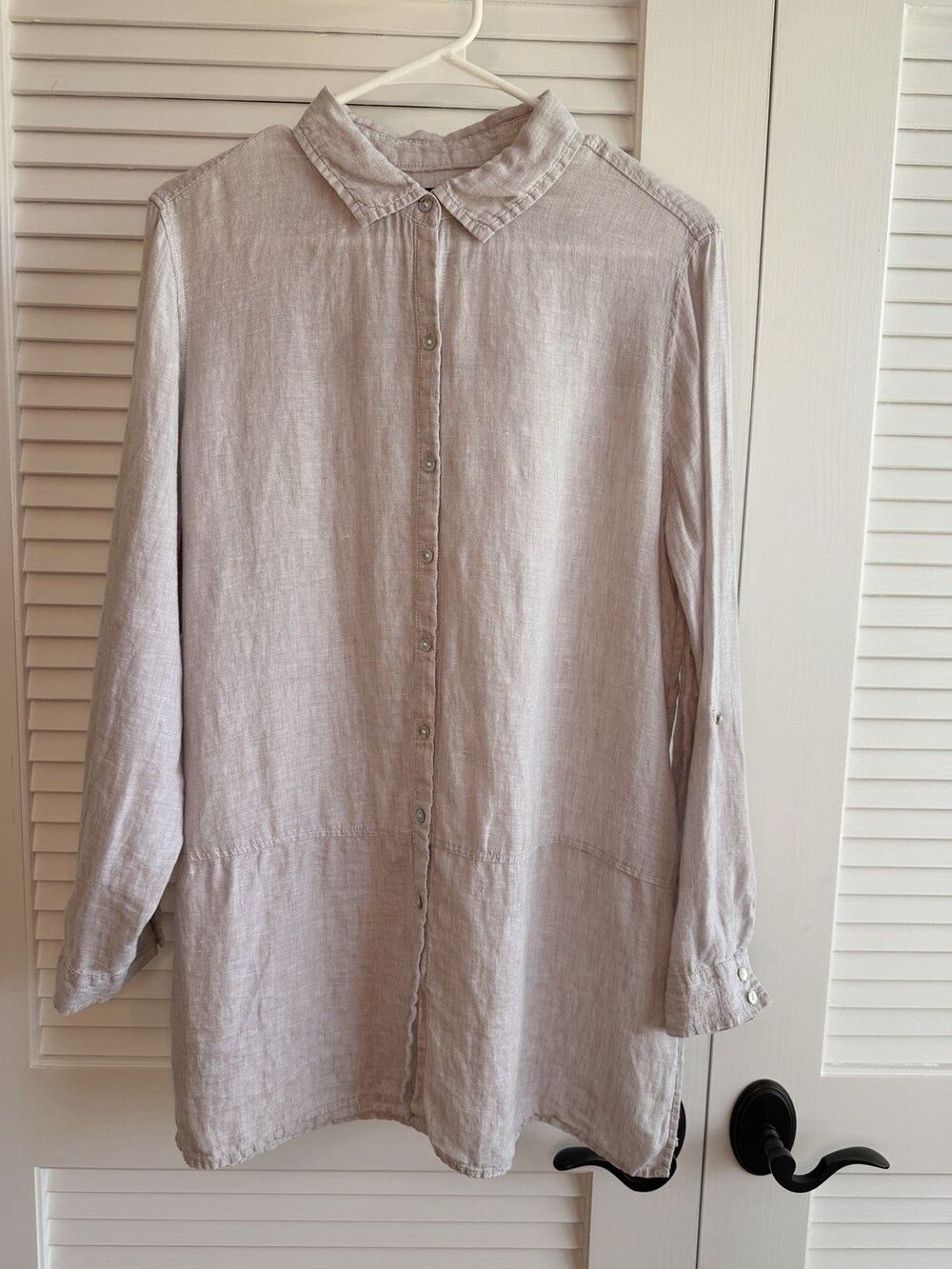 Tahari 100% Linen Tunic Shirt Medium Stone Taupe Button Front Coastal Minimalist